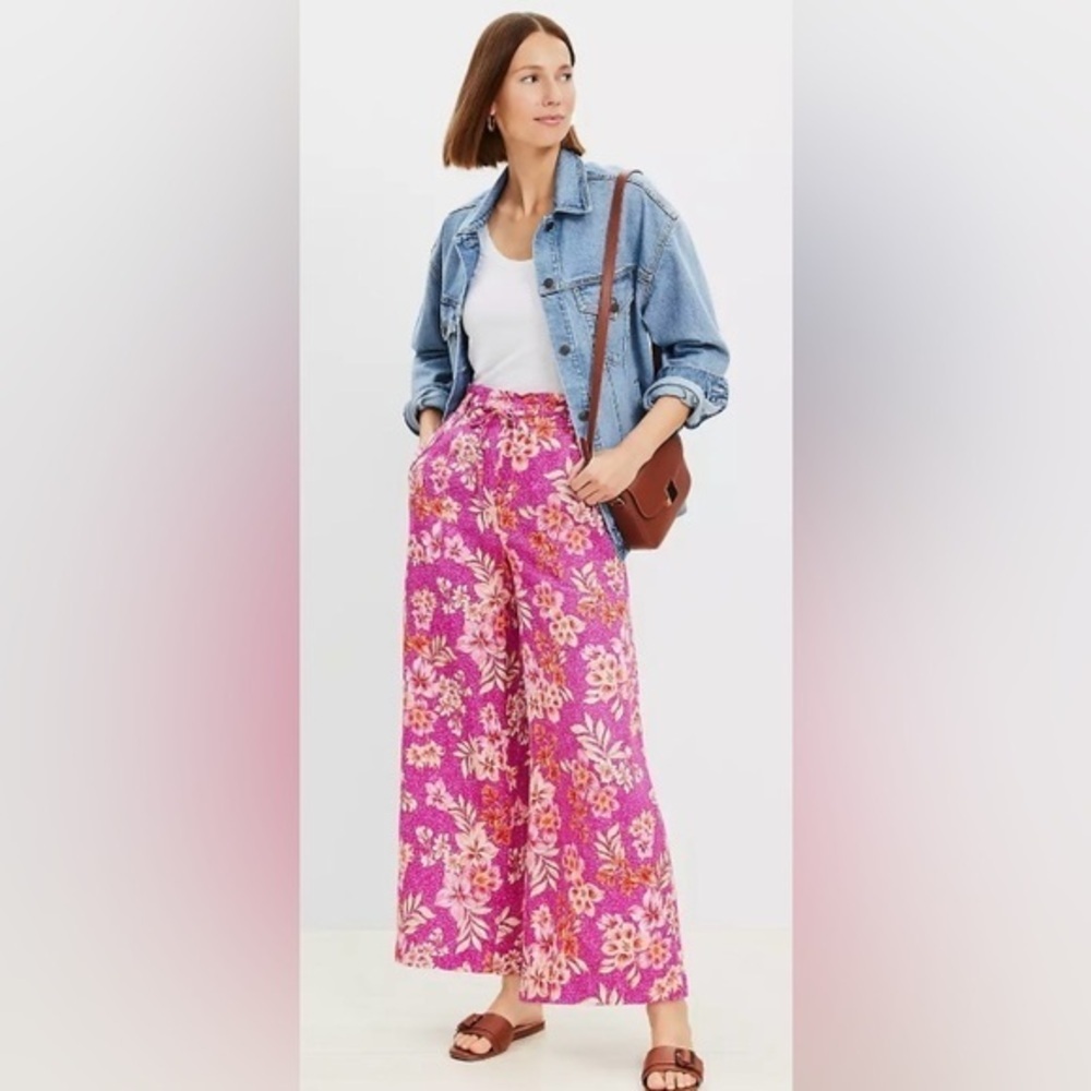 LOFT Breezy Wide Leg Lily Linen Blend Pants Size M, Tropical Spring Break - Picture 2 of 7